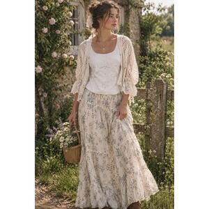 Principe Floral Embroidered Tank Top Womens 12 White Linen Cotton Cottage Boho
